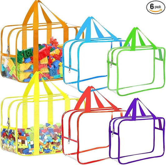 6 Color Toy Storage Bags with Labels, Reusable Clear PVC Board Game Storage, Travel Waterproof Organizer Bags with Zipper Large Capacity (L, XL, XXL)