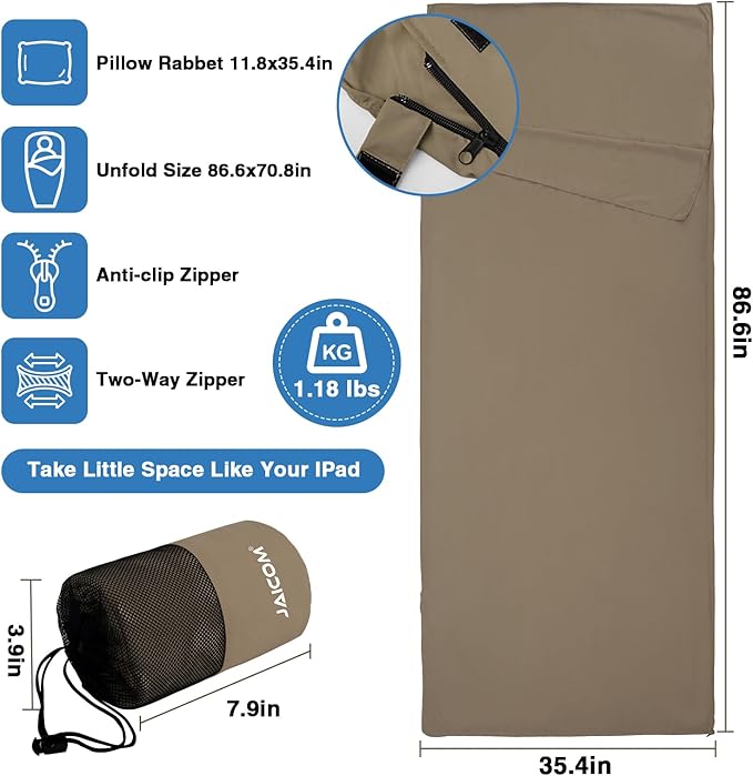 JAICOM Sleeping Bag Liner, Travel Sheets & Adult Sleep Sack, Ultralight and Portable Summer Sleeping Bag - Ideal for Backpacking, Hotels and Hostels, Business Trips, Camping