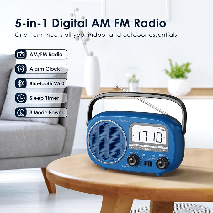 Portable AM FM Rechargeable Radio with Best Reception, Digital Time/Station Display,AC Power or Battery Power Radio with Bluetooth Speaker for Home/Kitchen/Outdoor (Cobalt Blue)