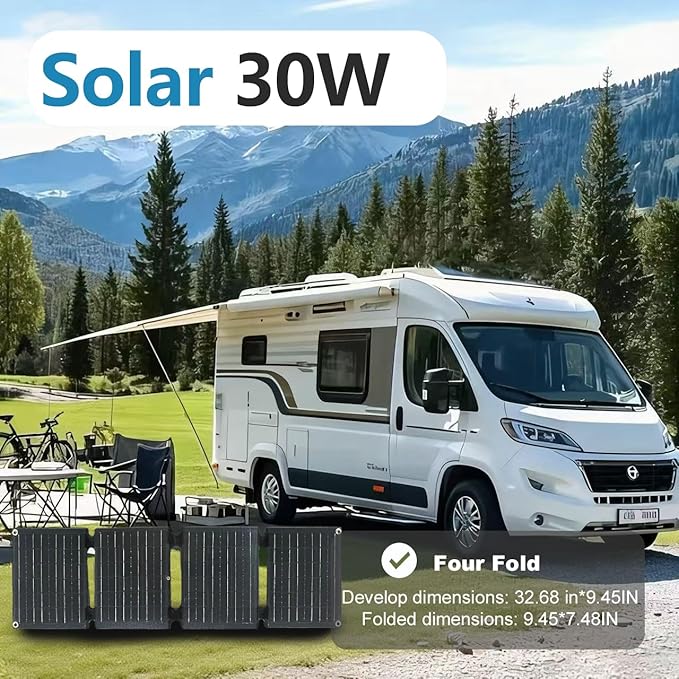30W Portable Foldable Solar Panel, 4-Fold Solar Charger with USB QC3.0 & DC Outputs, lPx4 Waterproof Solar Panel Charger for Camping, Hiking, Portable Source, Emergency Power Outage