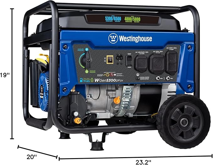 Westinghouse 6500 Watt Dual Fuel Home Backup Portable Generator, Transfer Switch Ready 30A Outlet, RV Ready 30A Outlet, CO Sensor