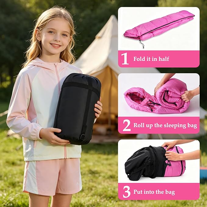 Uniqwamer Kids Sleeping Bag for Girls Boys - 4 Seasons Cold & Warm Weather Flannel Camping Sleeping Bags, Lightweight & Waterproof 45°F Sleeping Bag for Camping Hiking Outdoor Travel