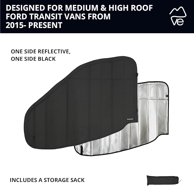 VanEssential Insulated Reflective Blackout Window Covers Designed for Ford Transit High/Medium Roof Front Door Windows (Pair) - Black Reflective