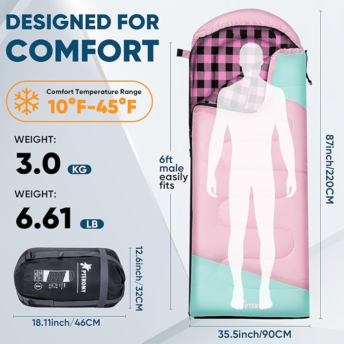 PTEROMY Sleeping Bags for Adults, Lightweight and Machine Washable, Water Resistant Backpacking Camping Sleeping Bag for Warm Cold Weather, Camping Essentials for Hiking Travel