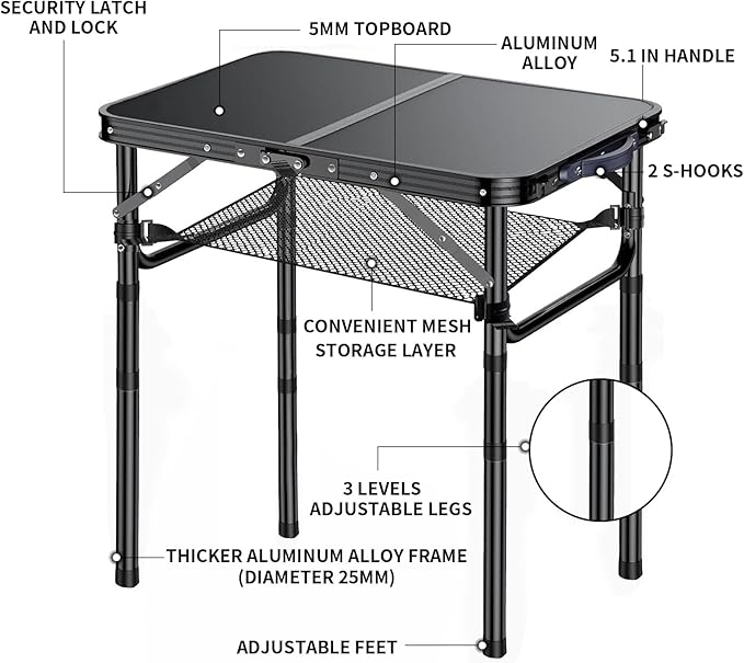 Yriuat Outdoor Side Table, Portable 3 Adjustable Height Small Outdoor Folding Table, Aluminum Foldable Patio Side Tables for Outside Indoor, Plant Stand Coffee End Table for Pool, Porch,Garden(Black)