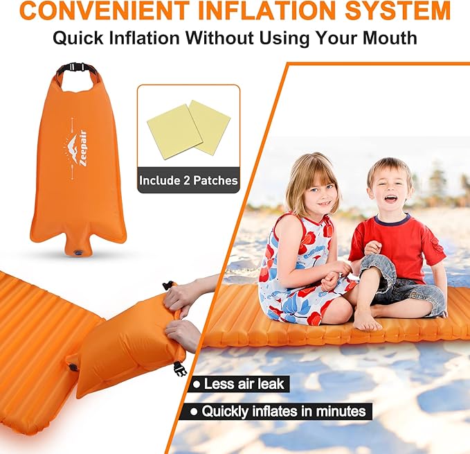 Camping Sleeping Pad, Ultralight Waterproof Inflatable Sleeping Mat with Inflation Bag, Lightweight Portable Compact Air Mattress for Outdoor Backpacking Hiking Traveling Tent Use (Single, Orange)