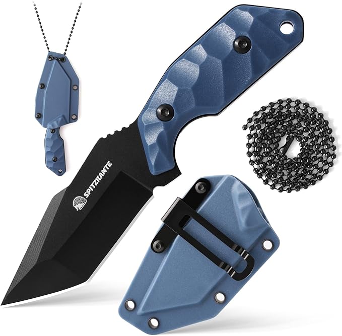 3.07" Small Neck Knife X-TAN-K, Horizontal Carry Knife with Sheath and Necklace, Full Tang Tanto 5Cr14MoV Steel Blade, Blue ABS Handle