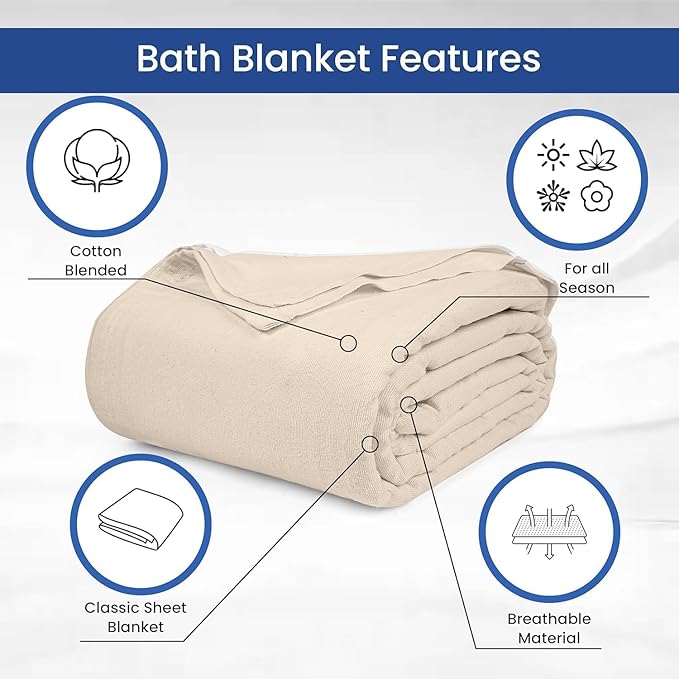 Linteum Textile Cotton Blended Hospital Patient Bath Blanket, Bed Bath Sheet, Twin Blanket Lightweight Thermal Utility Blankets (4-Pack, 70x90 in, 1.4 lb.) Unbleached