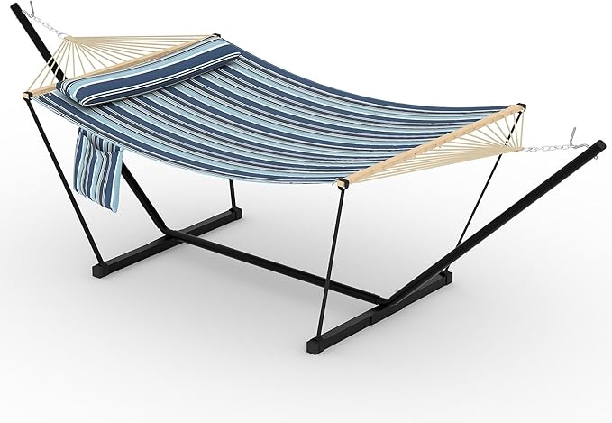 Garvee Double Hammock with Stand for Outdoor, Heavy Duty Portable 2 Person Hammock with Adjustable Steel Stand for Patio, Garden, Beach, Backyard