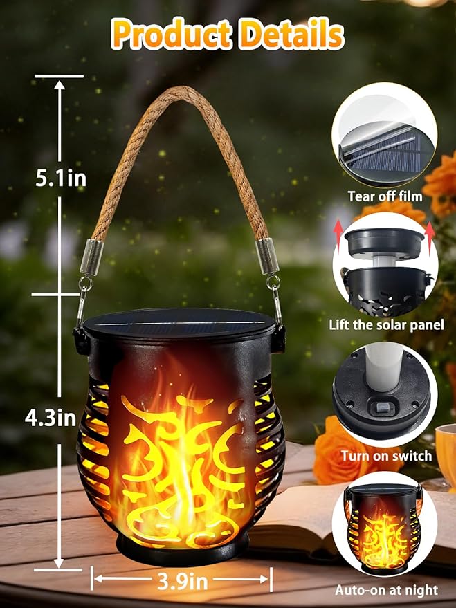 4 Pack Solar Lanterns Outdoor Waterproof, Solar Lantern with Realistic Flickering Flame, Auto On/Off Solar Powered Garden Light with Hemp Rope Handle for Outside Tree Patio Porch Camp Tabletop Decor
