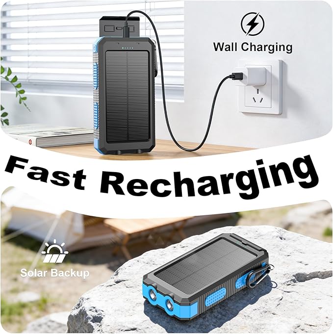 Solar Charger Power Bank 20000mAh Portable Charger with 4 Built-in Cables and USB-C in/Output, Dual Emergency Flashlights, Waterproof Outdoor Battery Pack for Camping, Hiking, Travel, and Storm Prep