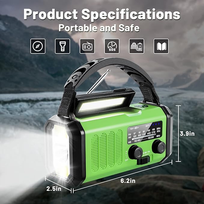 Aivica Emergency Hand Crank Radio with 10000mAh/37000mWh Battery Backup, AM FM NOAA Weather Radio, Type-C Charge,Solar Radio,SOS, 3 Modes LED Flashlight，Reading Lamp, Compass for Outdoor Survival