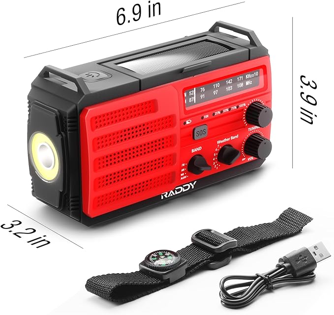 [37000mWh Battery] Raddy SW10 Emergency Radio, Hand Crank Solar, AM FM NOAA Radio with Rechargeable Battery Flashlight SOS Alarm Compass, Power Bank for Power Outage Camping Hurricane Outdoor
