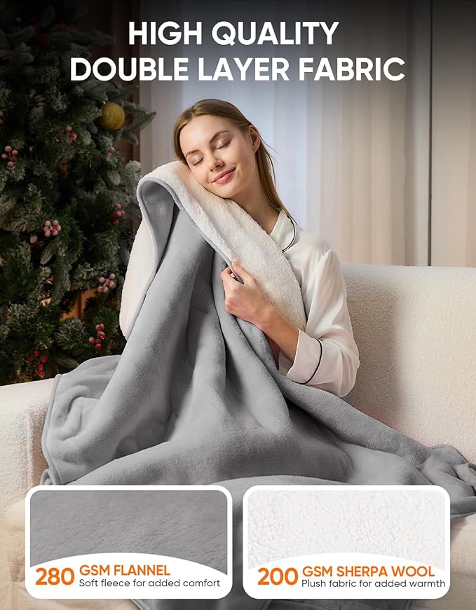 12V/24V Heated Car Blanket, Electric Blanket Flannel Heating Throw for Car, SUV, RV, Camping, 60" x 44", Hi/M/Lo Heating Settings, Auto-Off Timer,Grey