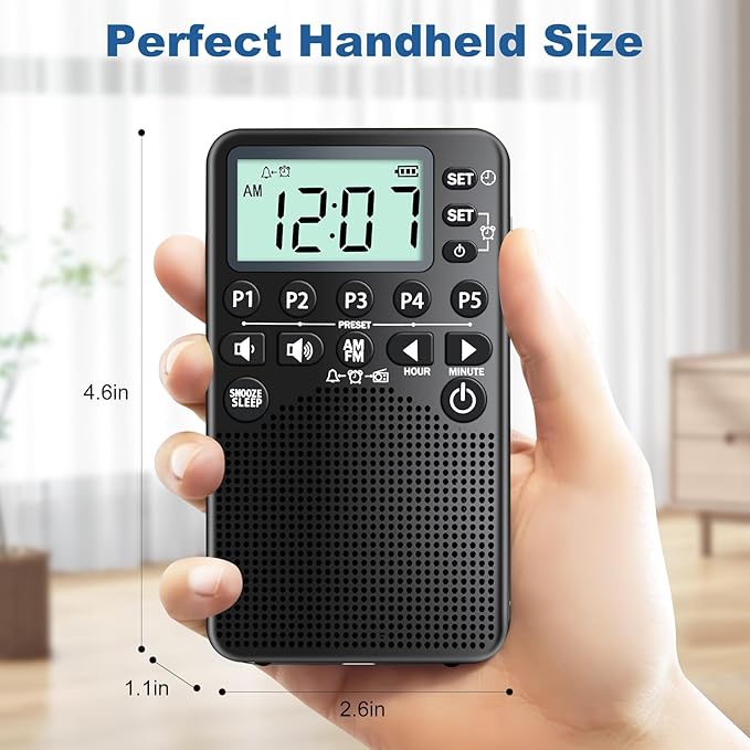 Battery Operated Portable Pocket AM/FM Radio | Digital Tuning, Loud Speaker, Excellent Reception | Portable Emergency & Outdoor Radio with LCD Screen, Alarm Clock, Preset, Sleep Timer, Snooze