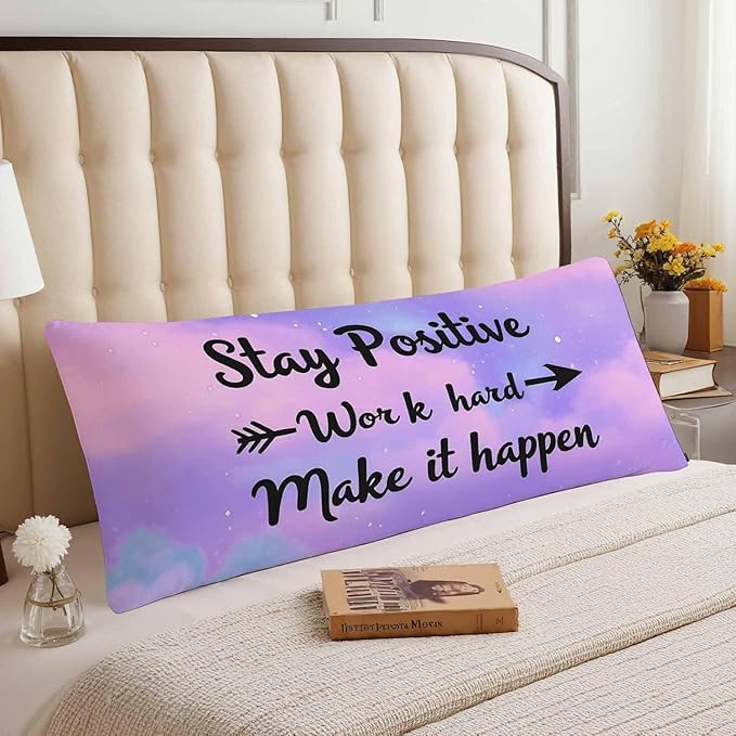 Inspirational Quote Body Pillow Covers Stay Positive Work Hard Make It Happen Lumbar Body Pillow Case 20"X54" Body Pillowcase Cushion Cover for Home Bedroom Office Hotel, Purple Galaxy