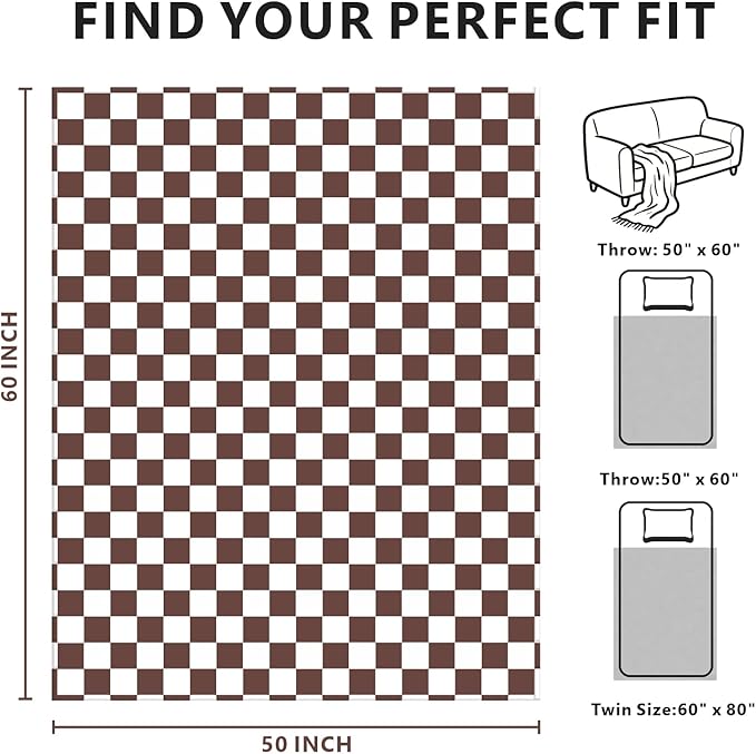 Edenleaf Brown Checkered Blanket, Ultra Soft Cozy Flannel - Checkered Grid Print Throws for Bed Sofa Couch, Luxury Throw Blanket for All Seasons, 50x60 Inch, Brown