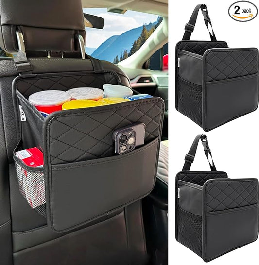 Witaxima 2 Pack Upgraded Car Seat Organizer Backseat with Storage Pockets, Multipurpose Car Organizer Hanging Car Trash Bag Premium PU Leather Garbage Can 2.14 Gallon Large Capacity Accessories Black