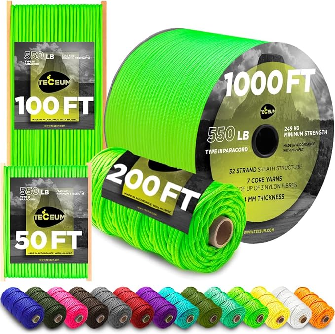 TECEUM 5/32" Paracord Rope 1000 – 1000ft / 200ft / 100ft / 50ft – Tactical Parachute Cord 4mm – 45+ Colors – Nylon String for Survival & Camping Gear – Stripe Cord for Survival – Utility Rope