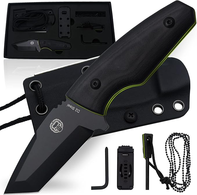 Holtzman's Gorilla Survival Tanto Fixed Blade Neck Knife with Kydex Sheath & Ferro Rod (Black+Green) - Ideal for Outdoor Activities and Everyday Carry