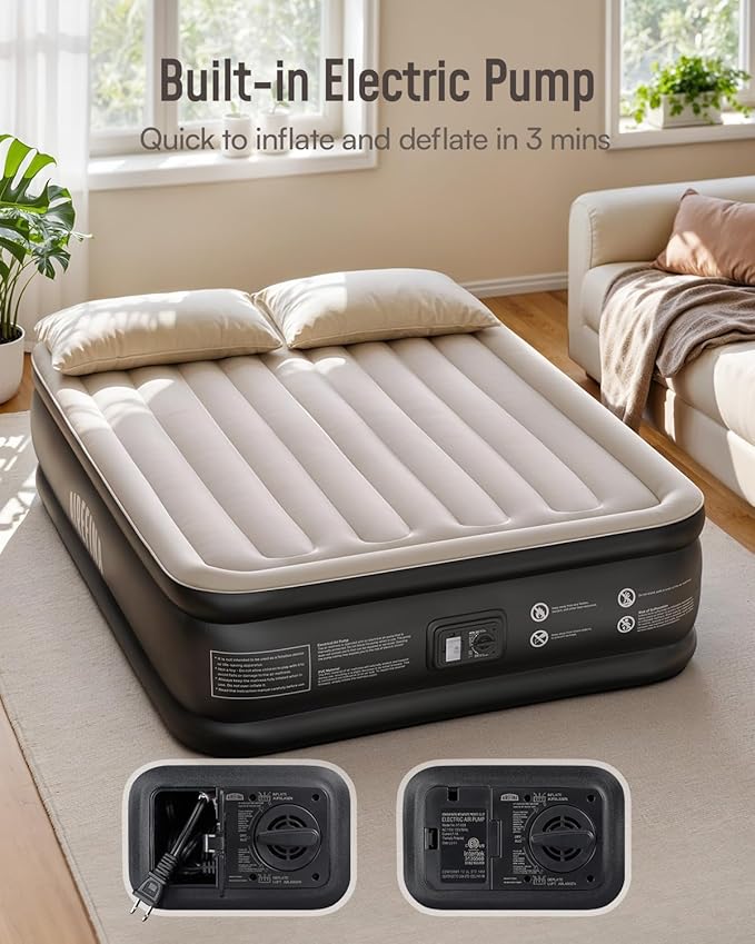 Airefina Air Mattress Queen with Built in Pump, Comfort Inflatable Blow up Mattress, Upgraded Vertical Beams Air Bed for Guest Home Use, Self Inflatable/Deflation in 3 Mins, Colchon Inflable