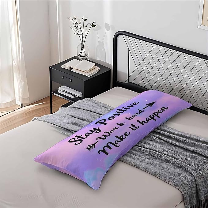 Inspirational Quote Body Pillow Covers Stay Positive Work Hard Make It Happen Lumbar Body Pillow Case 20"X54" Body Pillowcase Cushion Cover for Home Bedroom Office Hotel, Purple Galaxy