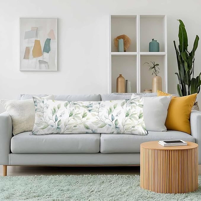 Green Leaf Decorative Home Pillow Covers, Watercolor Floral Eucalyptus Leaves Long Body Pillow Cover Sleeper Cushion Cover Body Pillowcase for Man Woman Sofa Patio Shop 20x54 Inch