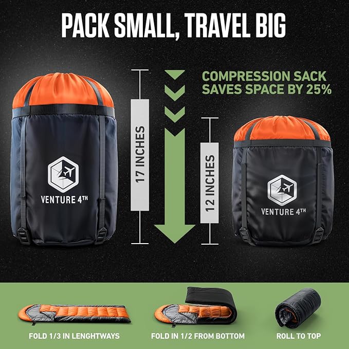 VENTURE 4TH Backpacking Sleeping Bag – XXL, Double and Single Sizes - Lightweight Warm & Cold Weather Sleeping Bags for Adults, Kids & Couples – Ideal for Hiking, Camping & Outdoor Adventures