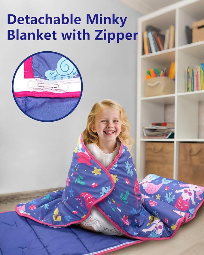 Primlect Toddler Nap Mat with Detachable Blanket and Removable Pillow, Kids Sleeping Bag 55''x35'' for Daycare Preschool Kindergarten, Toddler Sleeping Mat for Boys and Girls
