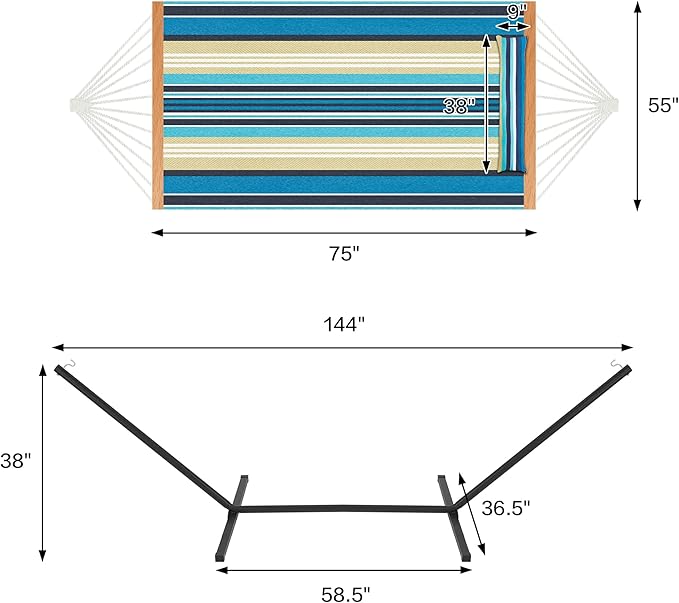 Homgava Two Person Hammock with Stand for Outside Heavy Duty, Outdoor Patio Hammock with Portable Steel Stand, Large Double Hammocks,480lbs Capacity.(Middle Blue Stripes)