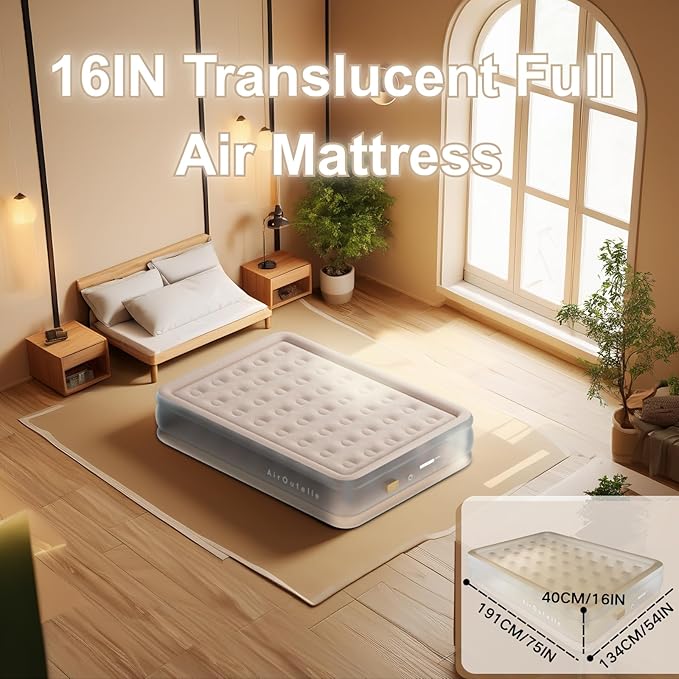 Semi-Frosted Khaki 16in Full Air Mattress with USB Pump, 600lbs Capacity-Quick Inflation, Non-Leak, Portable Foldable, Ultra-Soft Khaki Velvet Top for Camping & Guest Bed
