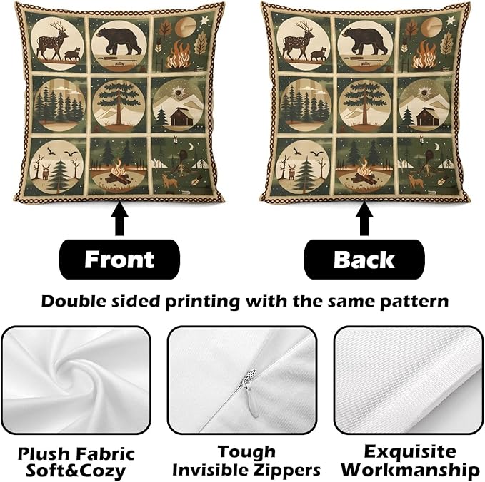 ITFRO Set of 2 Birthday Gift Wildlife Bear Deer Forest Bonfire Pine Tree Short Plush Both Sides Square Retro Checkered Throw Pillow Cover Cushion Case Farmhouse Sofa Decor 18x18 Inches (Checkered)