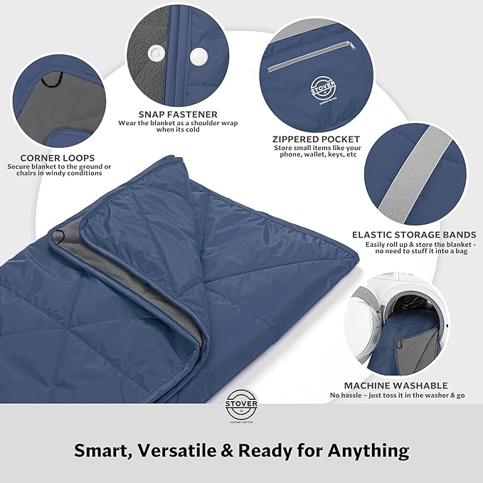 STOVER Large Waterproof Outdoor Stadium Blanket - Extra Thick Soft Fleece Camping Blanket for Travel, Picnics, Sports, Dogs - 79"x55", Warm, Windproof, Sand-Proof, Lightweight, Packable (Stadium Blue)