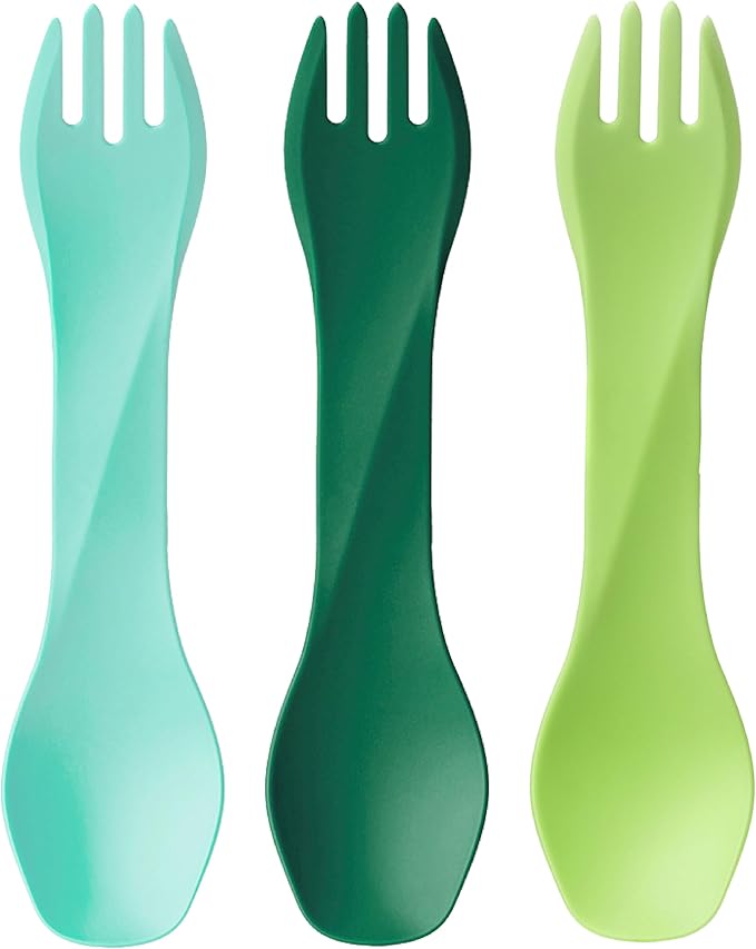 humangear GoBites Uno 3-Pack | Travel & Camping Utensils | Portable & Convertible Dining Ware | Multi-Functional Spork | Mint/Forest Green/Light Green, Uno (Bulk) 3-Pack