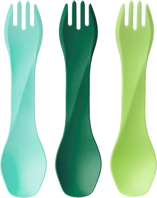 humangear GoBites Uno 3-Pack | Travel & Camping Utensils | Portable & Convertible Dining Ware | Multi-Functional Spork | Mint/Forest Green/Light Green, Uno (Bulk) 3-Pack
