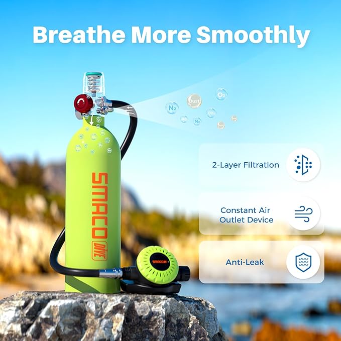 SMACO Mini Scuba Tank 1L Small Diving Tank for Underwater Breathing Portable Lung Air Tank Diving Oxygen Cylinder Kit for Emergency Rescue Boat Cleaning Backup Air Source Pony Bottle S400