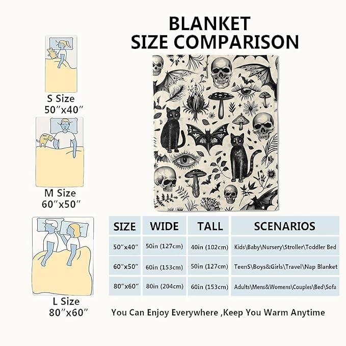 Spooky Goth Blanket Gothic Black Cats, Skulls, and Bats Throw Blankets Gifts for Girls Boys Adults Lightweight Soft Fleece Cozy for Sofa Couch Bed Room Travel Birthday Halloween Decor 40x50in