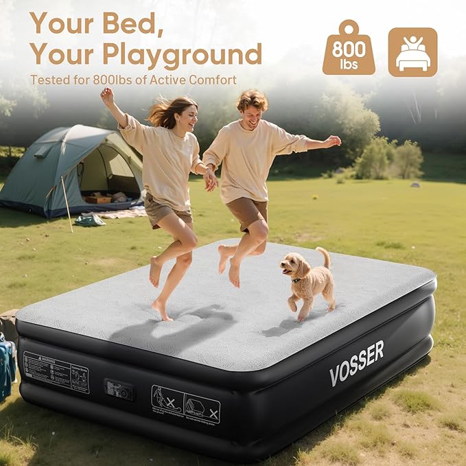 VOSSER Air Mattress with Built-in Pump,Queen 18'' Foam Topper Blow Up Mattress,Luxury Inflatable Mattress 2 Mins Self-Inflation/Deflation - Breathable and Flatness-Free for Camping, Home & Guests