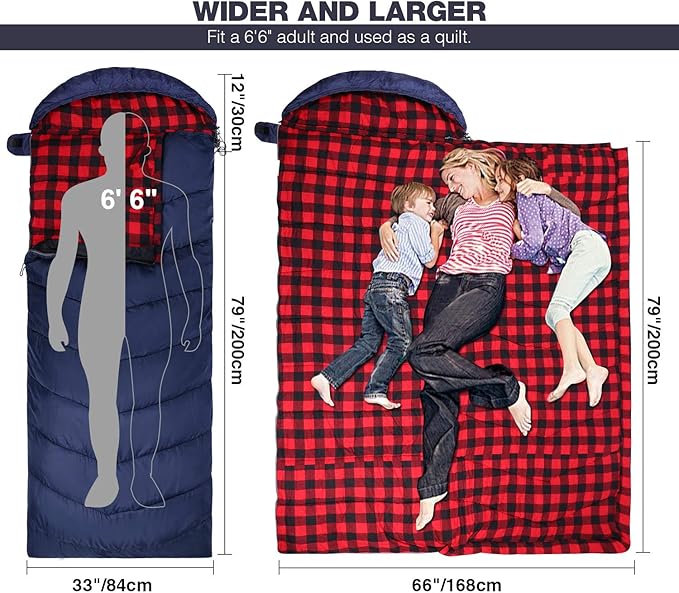 REDCAMP Flannel Sleeping Bag for Adults, Comfortable Cotton Sleeping Bags for Camping with Detachable Hood, Red/Grey/Blue/Black