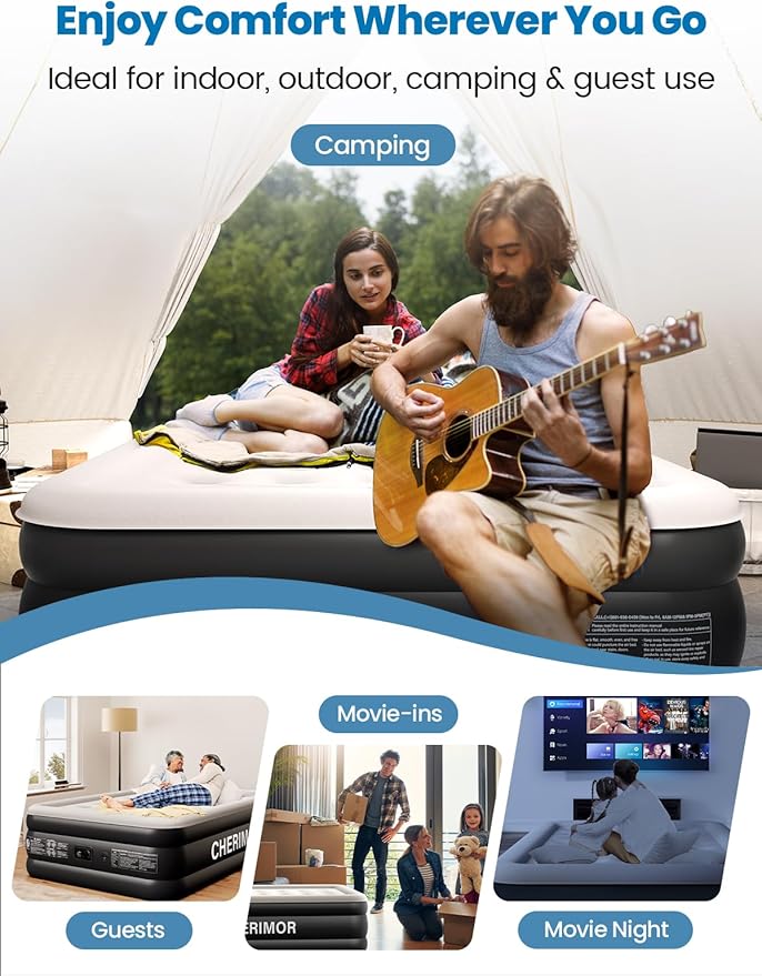 CHERIMOR Queen Air Mattress with Built-in Pump, 18" Raised Comfort, 48Hr Leak-Proof Test, Upgraded Honeycomb Pillar Design, Supports 800 lbs, 3-Min Inflation-Inflatable Bed for Home Guests & Camping