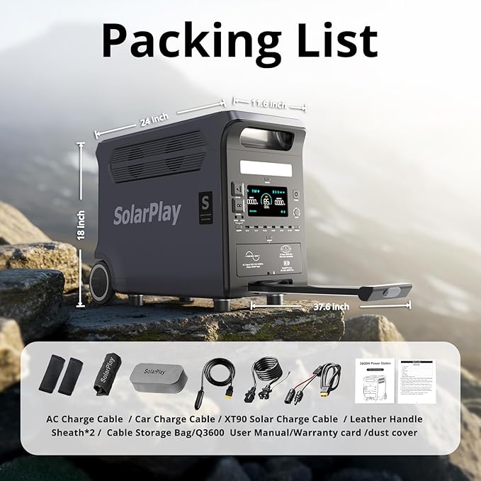 SolarPlay Portable Power Station, 3600W(5500W Peak), 3840Wh Solar Generator with 2 * 400W Solar Panel 2Hrs Fast Charging LiFePO4 Battery, Adjustable, UPS with AC output for Home Camping Outdoor