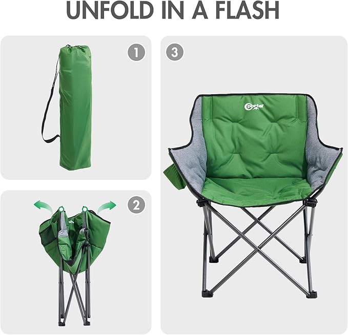 Portal 32" Oversized Camping Chair, Foldable Heavy Duty 350 lb Padded Ergonomic Seat for Big & Tall Adults, Pinch-Free Extra Wide Design Featuring Cup Holder & Carry Bag for Fishing, Lawn & Sidelines