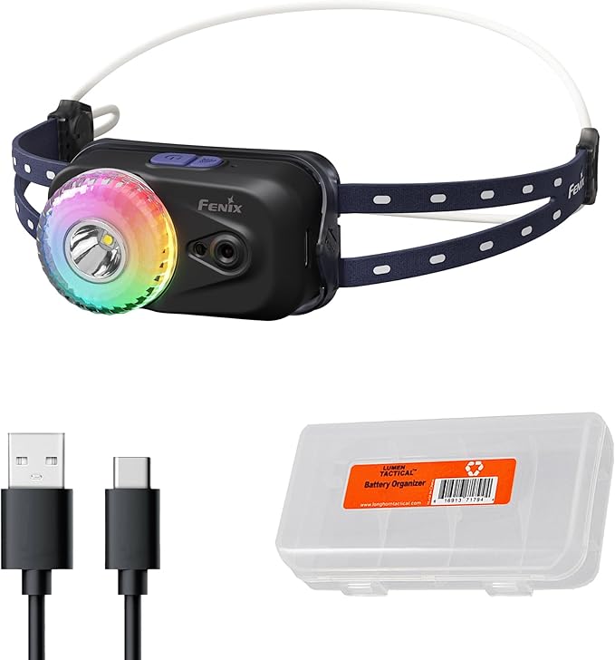 Fenix HL17R Camping Headlamp, 500 Lumen Ultralight USB Rechargeable Clip-On Flashlight, Waterproof Running Hiking with Red & Multicolor Light, Gesture Sensing, Lumentac Organizer (Black)