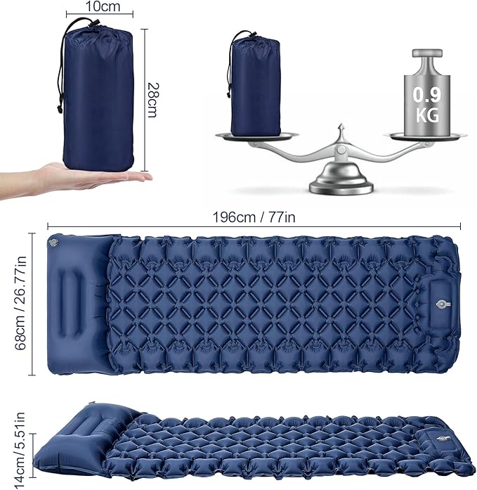 Sleeping Pad, Ultralight Self Inflating Camping Mat Sleeping Pad for Camping with Built-in Foot Pump & Pillow Durable Waterproof Sleeping Mat for Tent, Backpacking, Hiking - Blue