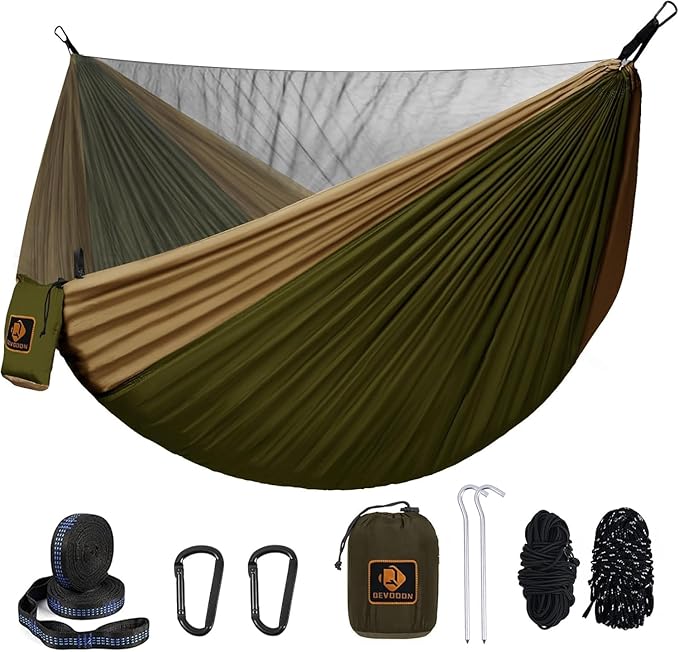 Camping Hammock with Mosquito Net,Lightweight 210T Nylon Hammocks,Portable Hammock with 10ft Tree Straps,Camping Gear Must Haves for Travel Hiking Backpacking Beach Patio-Green&Khaki