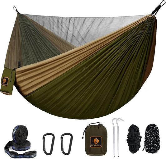 Camping Hammock with Mosquito Net,Lightweight 210T Nylon Hammocks,Portable Hammock with 10ft Tree Straps,Camping Gear Must Haves for Travel Hiking Backpacking Beach Patio-Green&Khaki