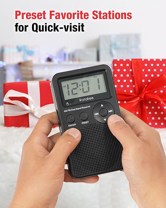 AM/FM Radio, Battery Operated Portable Radio with Clock, Preset, Sleep Timer and Battery Backup for Yard Work, Walking, Camping, Jogging, Fishing, Handheld Size, 3 AA Battery Powered (Black)