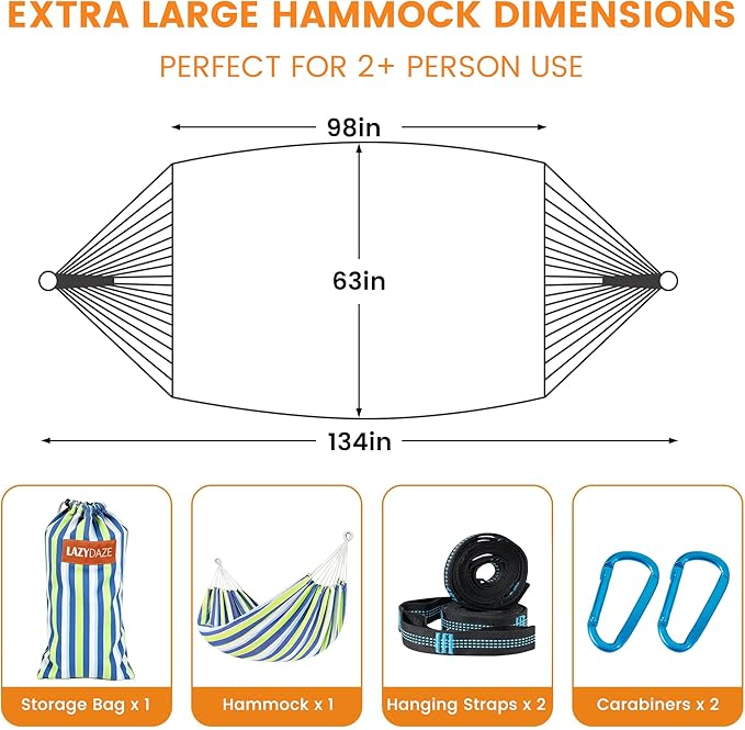 Lazy Daze Hammocks Double Brazilian Cotton Hammock, Extra Large Portable Outdoor Camping Hammock with Tree Straps & Travel Bag for Backyard Patio Poolside Indoor, 550lbs Capacity, Blue & Light Green