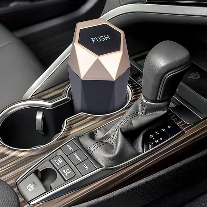 BFXM Car Trash Can, Car Trash Bin with Lid, Car Accessories for Women Interior, Car Garbage Can with Additional 2 ABS Hooks and 60pcs Trash Bags, Suitable for Home, Office, Car Organizer, Gold