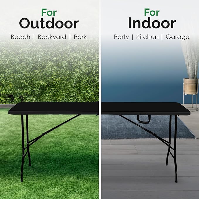 EconoHome Black 8ft Folding Table with Handle | Heavy-Duty Foldable Table | Portable Table for Indoor & Outdoor Use | Perfect for Events, Camping, Parties, Dining & More